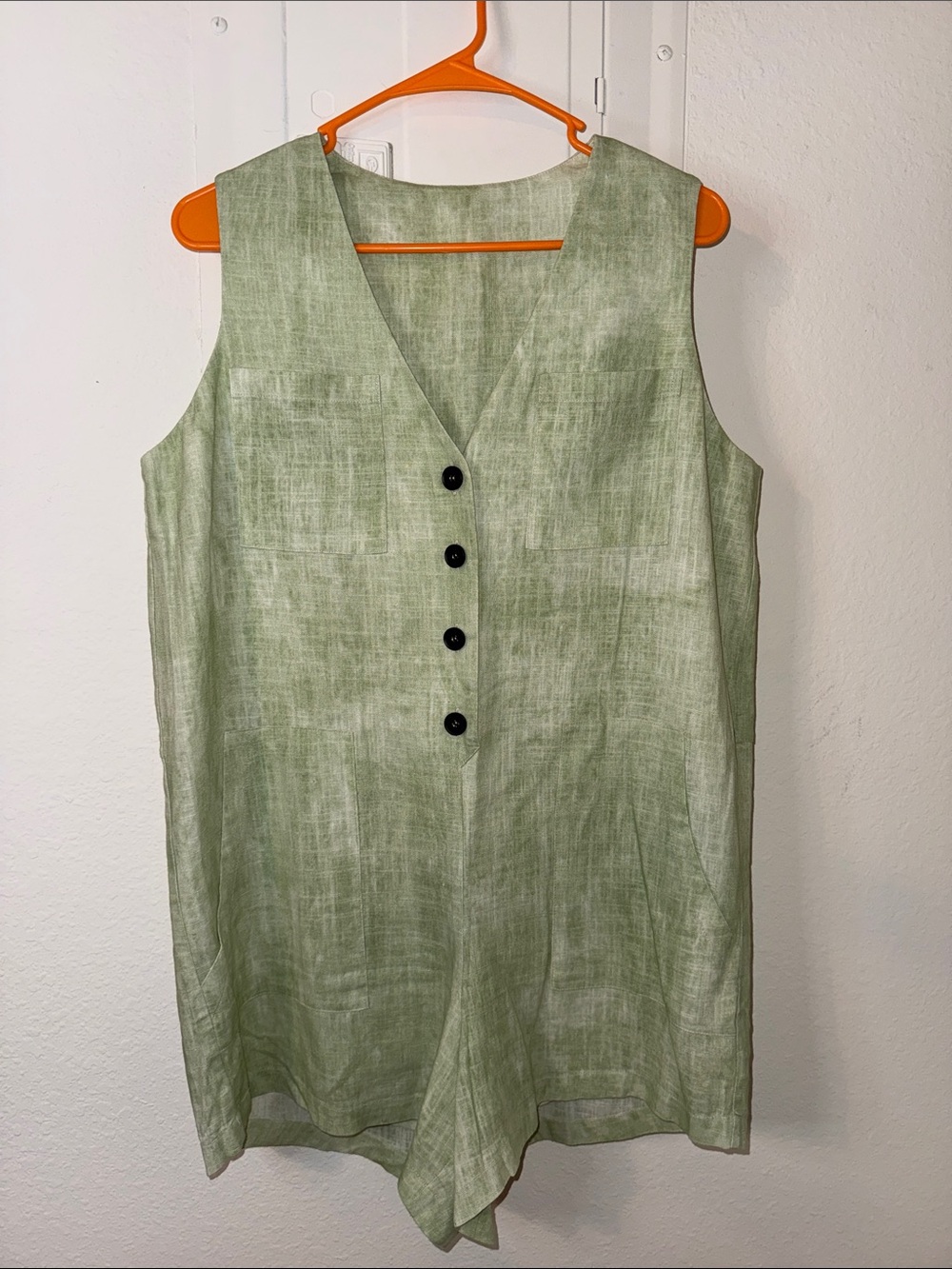 Sleeveless V-Neck Button Front Tunic Romper  - Light Sage Green